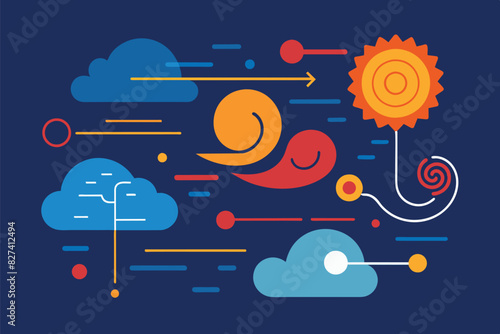 Stylized depiction of weather elements and atmospheric conditions. Visually summarizes various meteorological elements and can be useful for educational purposes to explain weather phenomena