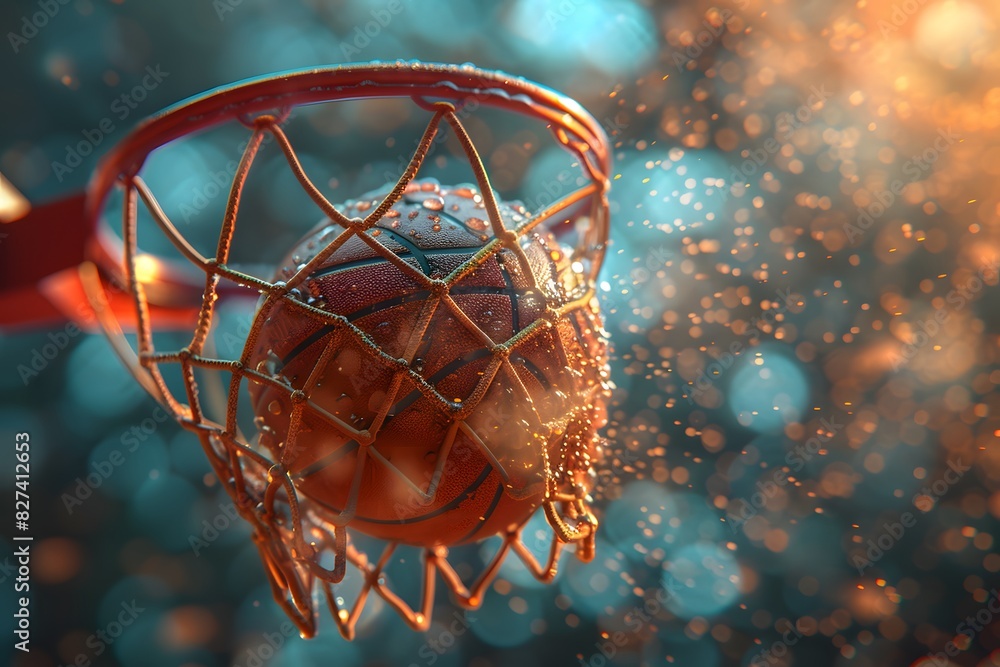 Dynamic Basketball Shot in Mid-Air with Water Droplets Splashing Under Dramatic Lighting Dynamic Basketball Shot in Mid-Air with Water Droplets Splashing Under Dramatic Lighting