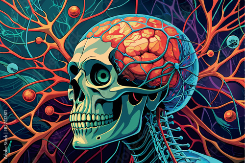 Illustration of a stylized human skull. The brain is shown in detail, with neural connections and synapses stretching outward and integrating with the abstract patterns and design around it, hinting a