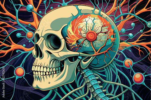 Illustration of a stylized human skull. The brain is shown in detail, with neural connections and synapses stretching outward and integrating with the abstract patterns and design around it, hinting a