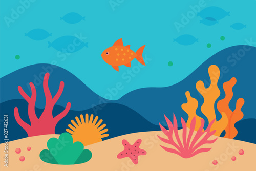 An underwater world with a variety of marine elements. A sandy bottom with hills in the background, and the water changes its color from light blue to dark blue, indicating depth.