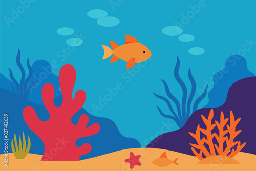 An underwater world with a variety of marine elements. A sandy bottom with hills in the background, and the water changes its color from light blue to dark blue, indicating depth.
