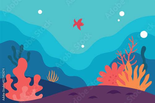An underwater world with a variety of marine elements. A sandy bottom with hills in the background, and the water changes its color from light blue to dark blue, indicating depth.