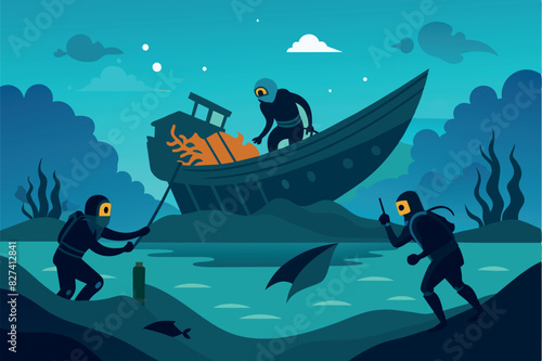 The image depicts an underwater scene with two divers and a boat. The ocean floor is detailed with rocks, plants and shells. Bubbles can be seen above them