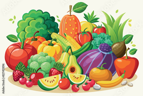 a variety of colorful fruits and vegetables side by side. There are greens, apple, grapes, corn, tomatoes, bell peppers, broccoli, figs, strawberries, and watermelon with visible seeds.