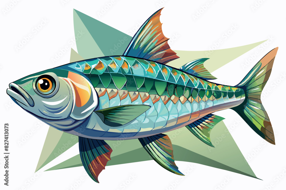 Illustration of a brightly colored fish on an abstract background. It has scale in shades of blue, green and orange colors, as well as fins and tail of different shades. Illustration of a brightly colored fish on an abstract background. It has scale in shades of blue, green and orange colors, as well as fins and tail of different shades.