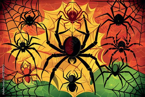 Illustration of stylized spiders on a web, against an orange-red sunset or sunrise background.