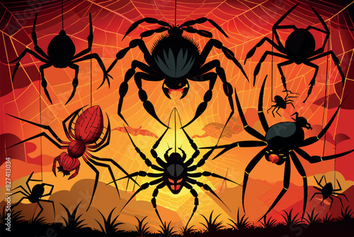 Illustration of stylized spiders on a web, against an orange-red sunset or sunrise background.