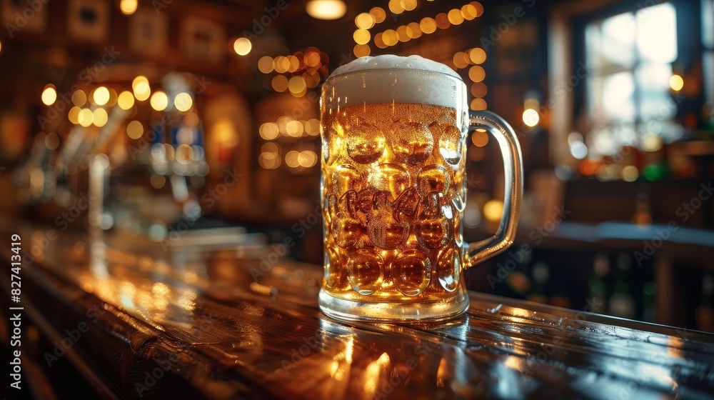 Beer mug filled with frothy beer on wooden bar counter in cozy pub with warm lighting, creating a perfect atmosphere for relaxation. Beer mug filled with frothy beer on wooden bar counter in cozy pub with warm lighting, creating a perfect atmosphere for relaxation.