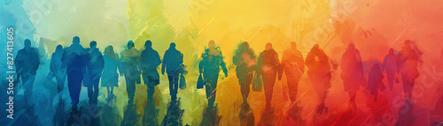 The watercolor painting shows a group of colorful people walking towards a brighter future.