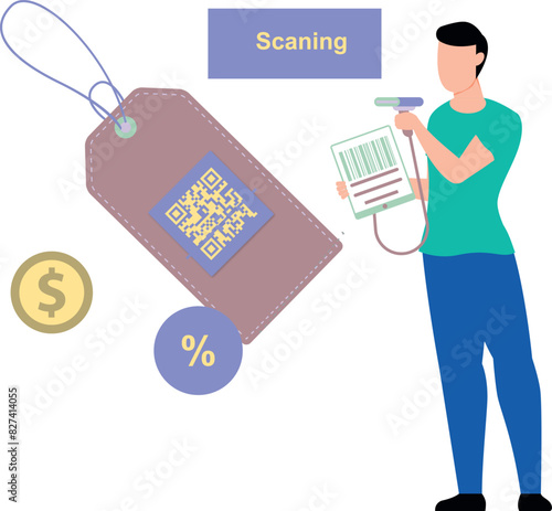 Boy scanning tag barcode.