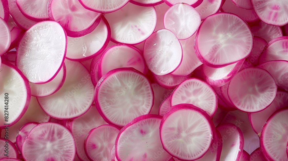 Overhead View of Freshly Chopped Daikon Radish Pieces for Healthy Cooking and Salads Overhead View of Freshly Chopped Daikon Radish Pieces for Healthy Cooking and Salads