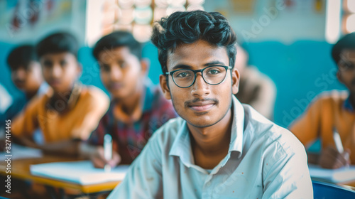Indian male student, looking at camera while writing in classroom © Graphic Master