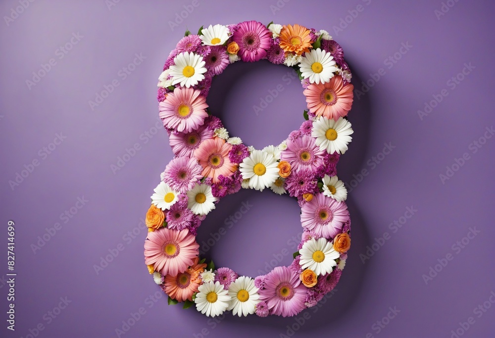 Number 8 made of flowers on violet Number 8 made of flowers on violet