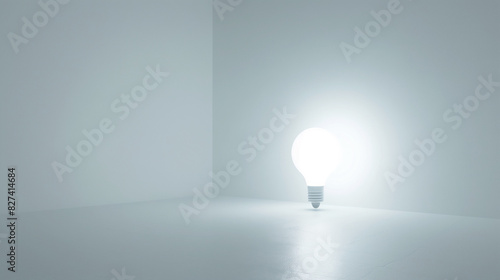 A floating light bulb in an empty space symbolizes the birth of an idea. Its warm light fosters an atmosphere of creativity and inspiration, while the white background represents boundless potential. photo