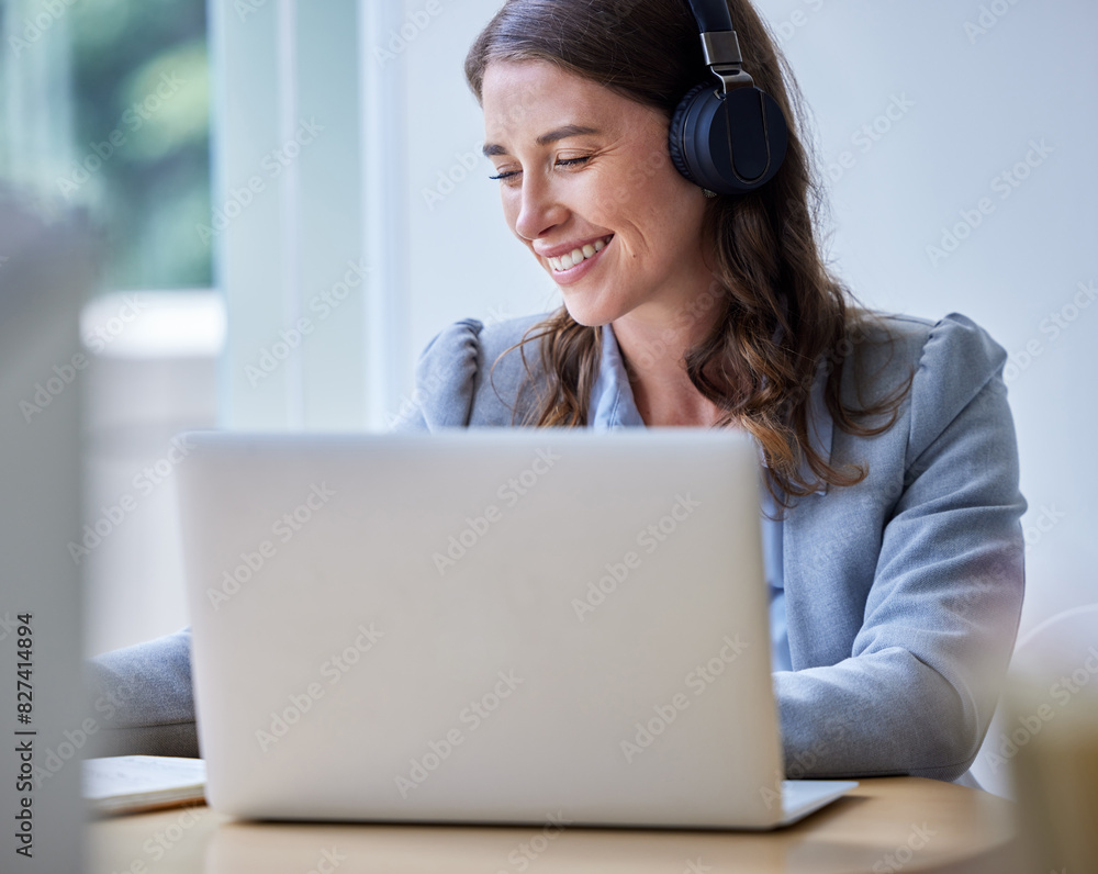 Startup, smile and woman with laptop, headphones and confidence in office, digital and technical writer. Proud, person and employee in workplace, computer and happy for project, editor and website Startup, smile and woman with laptop, headphones and confidence in office, digital and technical writer. Proud, person and employee in workplace, computer and happy for project, editor and website