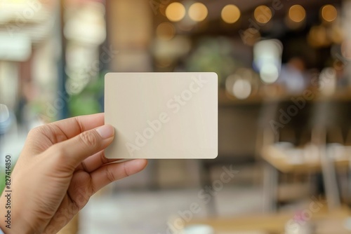 Blank Business card, Paper card template in hand grab on blur indoor cafe background.