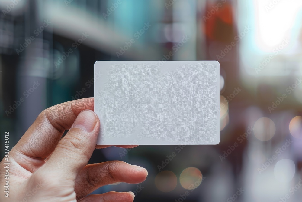 Blank Business card, Paper card template in hand grab on blur outdoor city background. Blank Business card, Paper card template in hand grab on blur outdoor city background.