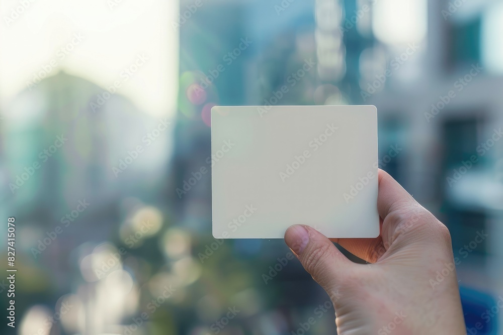 Blank Business card, Paper card template in hand grab on blur outdoor city background. Blank Business card, Paper card template in hand grab on blur outdoor city background.