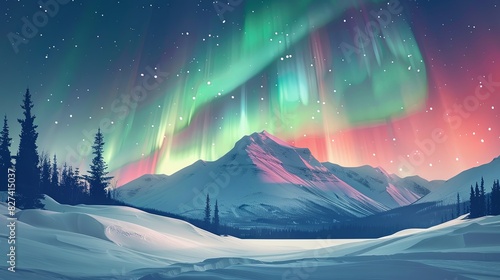 Northern lights dance in the sky above a snowy mountain range. Generative AI photo