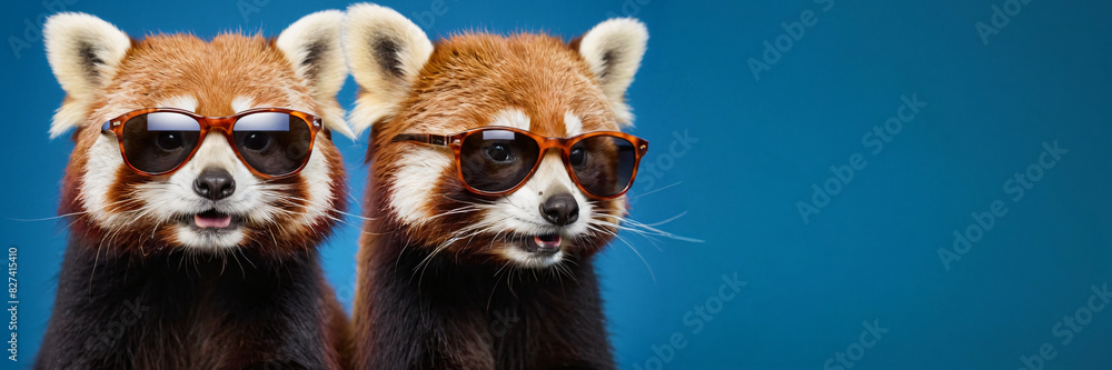 two red pandas wearing sunglasses, stylish cool animal, blue background, copy space two red pandas wearing sunglasses, stylish cool animal, blue background, copy space
