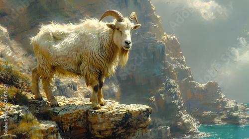 mountain goat in the mountains, Hairy Mountain Goat With Long Horns photo