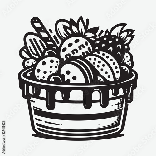 Dessert Vector Illustration Silhouette. Easter Busket Eggs Healthy Food Fruit Colorful Cake Decoration for Celebration 