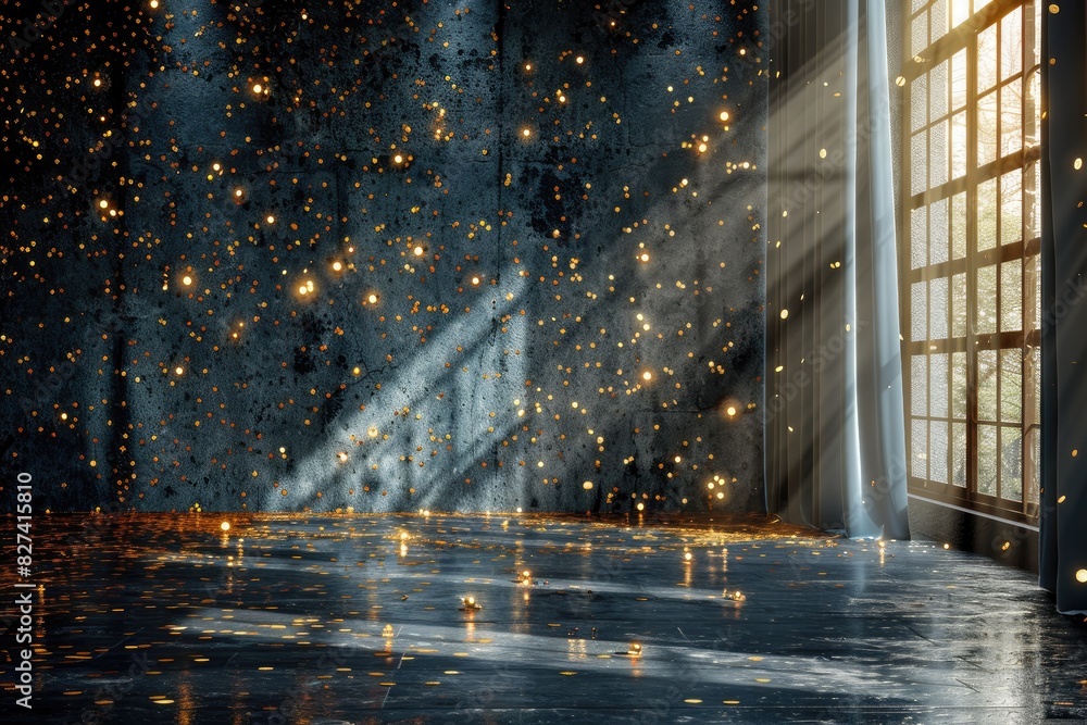 Obraz premium A room with a window and a curtain. The curtain is open, and the room is lit by sunlight. The room is empty, and there are no people or objects in it