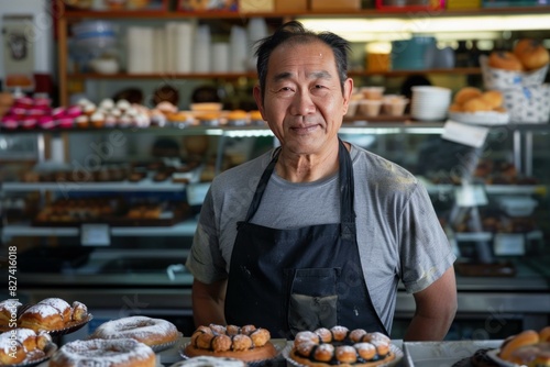 Smiling asian baker stands confidently in front of a display of fresh pastries and bread