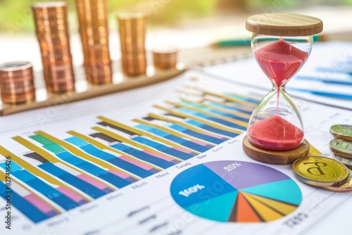 Hourglass with financial charts and coins on a desk, representing time management and financial planning in a business setting