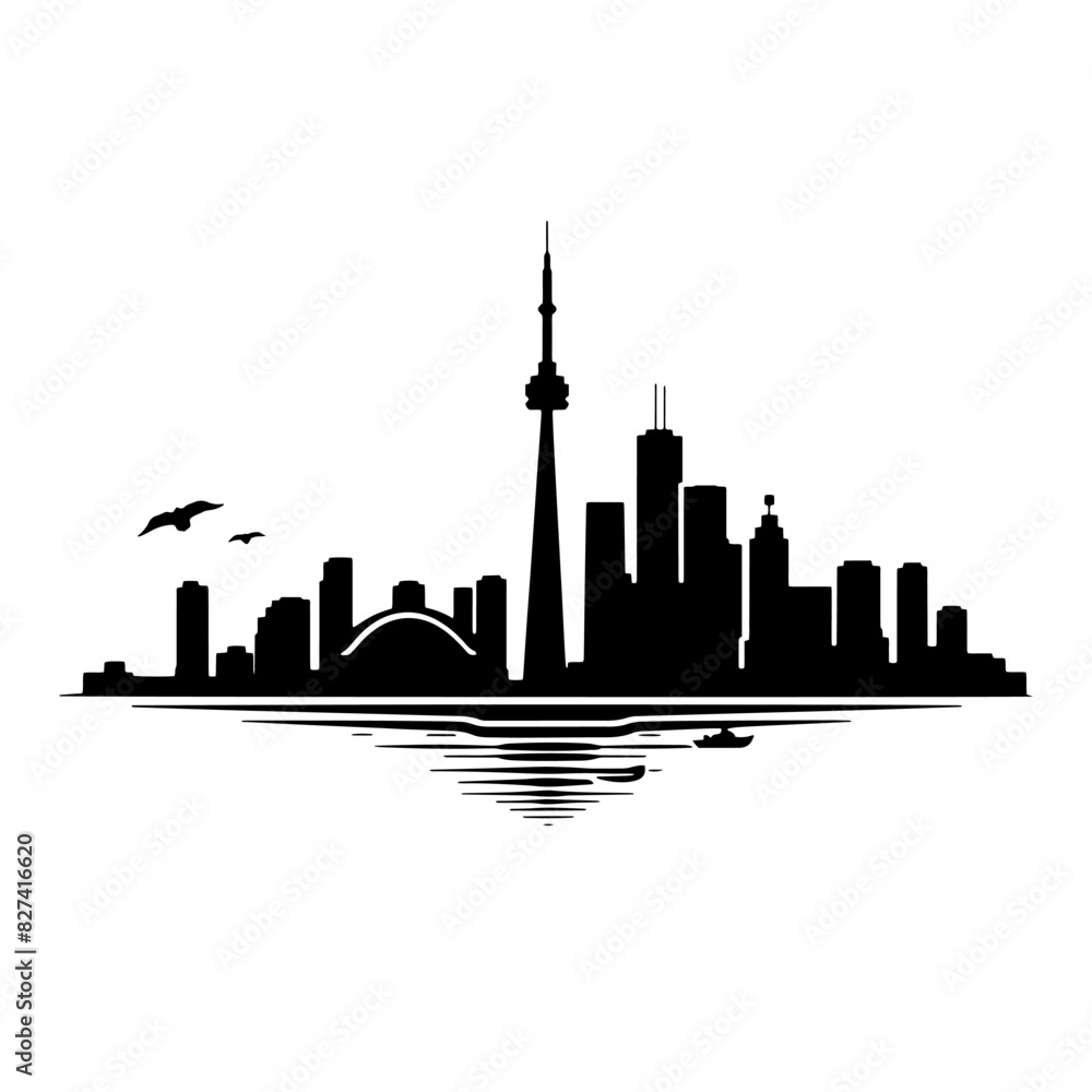 Fototapeta premium Stylized Toronto skyline with iconic CN Tower silhouette and ref
