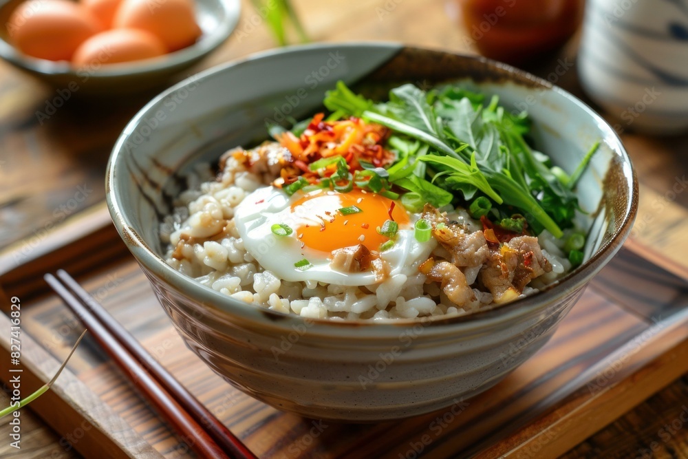 Delectable rice bowl topped with a sunnysideup egg, pork, and fresh greens, served on a wooden table