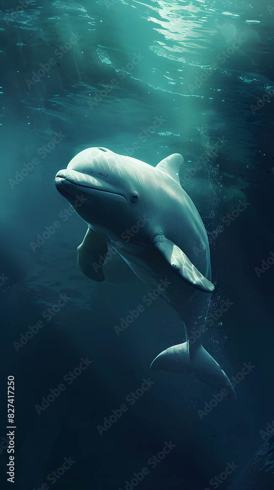 Fototapeta premium A dolphin swimming underwater in a tropical ocean surrounded by fish and coral