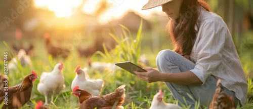 Young asian woman farmer checking her chicken farm with tablet in hand