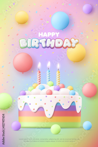 3D Happy birthday greeting card with cute rainbow cake and balloon on colorful background, baby birthday anniversary party event, kid sale banner, flyer, advertising, social media, wallpaper, website