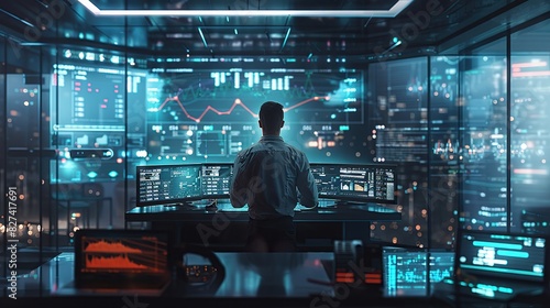 Man looks at a computer monitor displaying stock price charts, financial reports and forex