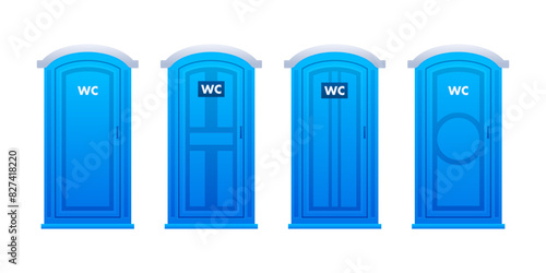 Public bio toilet. Mobile portable plastic toilet used in public places. Restroom movable WC.