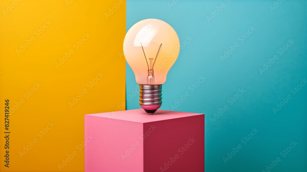 Light bulb on a pink pedestal with yellow and turquoise background. Minimalist concept for creativity and innovation. Studio shot Light bulb on a pink pedestal with yellow and turquoise background. Minimalist concept for creativity and innovation. Studio shot