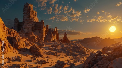 A remote sandstone fortress glows under the setting sun, its ancient walls reflecting a golden hue. photo