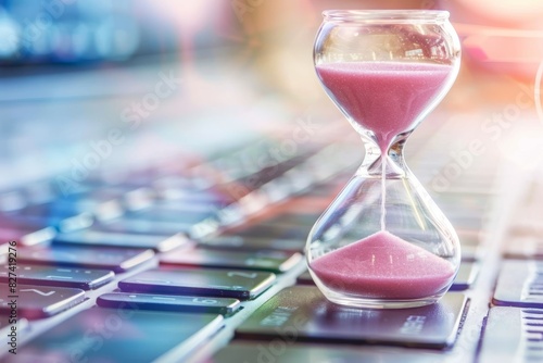 Hourglass on a laptop keyboard with a colorful bokeh background, representing time management and digital productivity