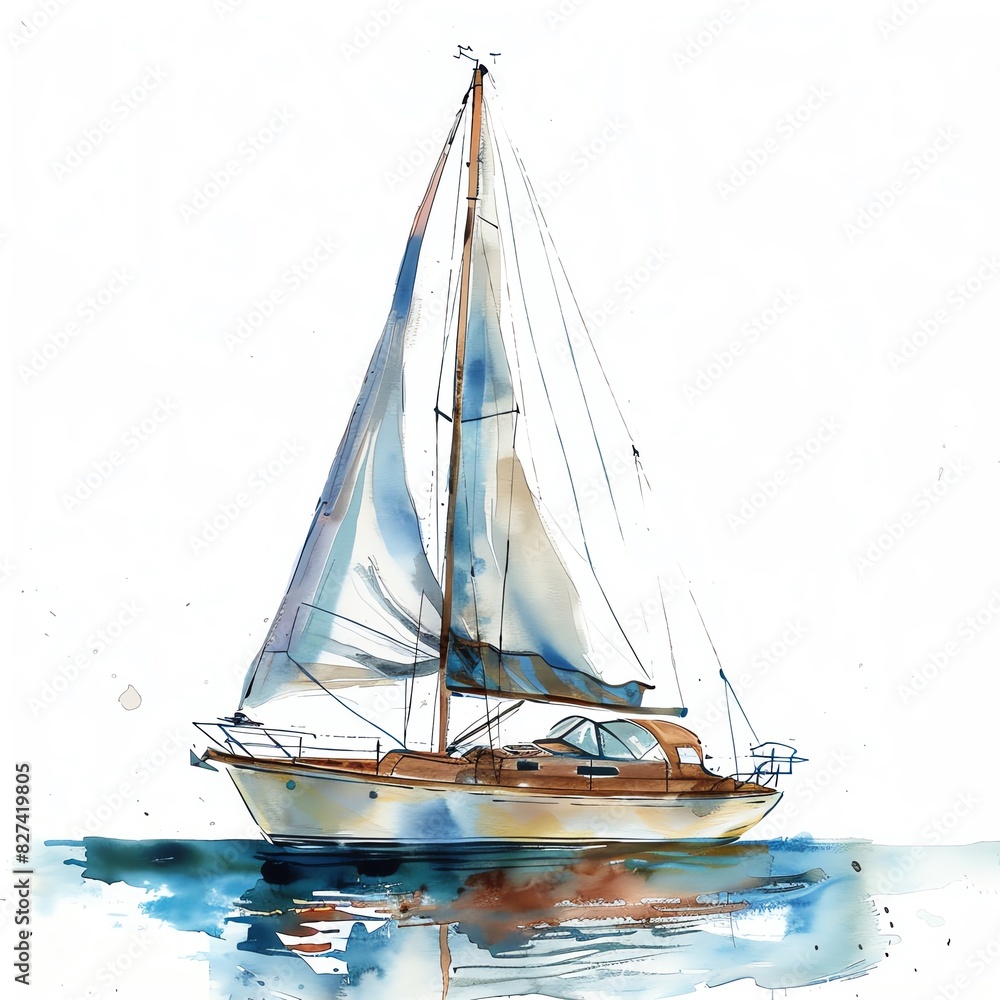 Fototapeta premium A watercolor painting of a sailboat on a calm sea