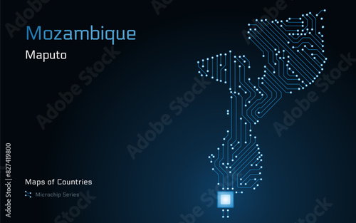 Billede på lærred Mozambique Blue Map with a capital of Maputo Shown in a Microchip Pattern