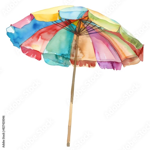 Create a watercolor painting of a beach umbrella. The umbrella should be open and have a variety of colors. The background should be white. The painting should have a summery feel. photo