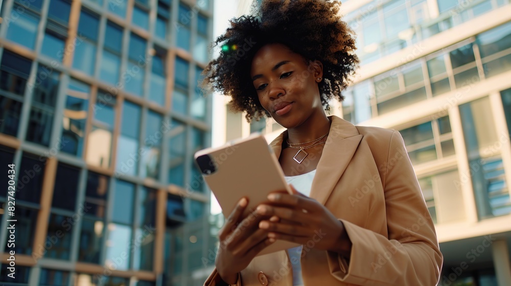 Happy businesswoman is using a digital tablet in the outdoor area of an office building Happy businesswoman is using a digital tablet in the outdoor area of an office building