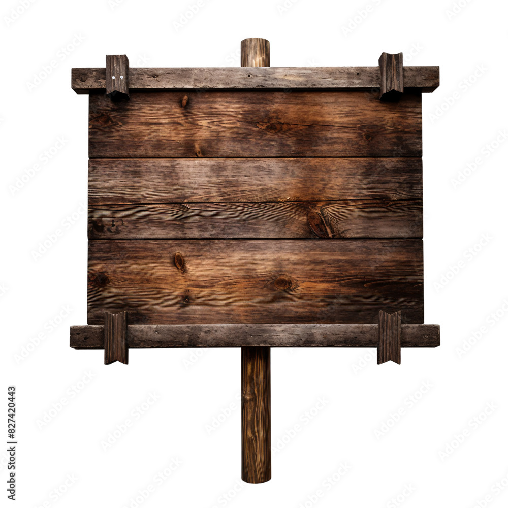 Square-shaped wooden signboard with a pole on an isolated background