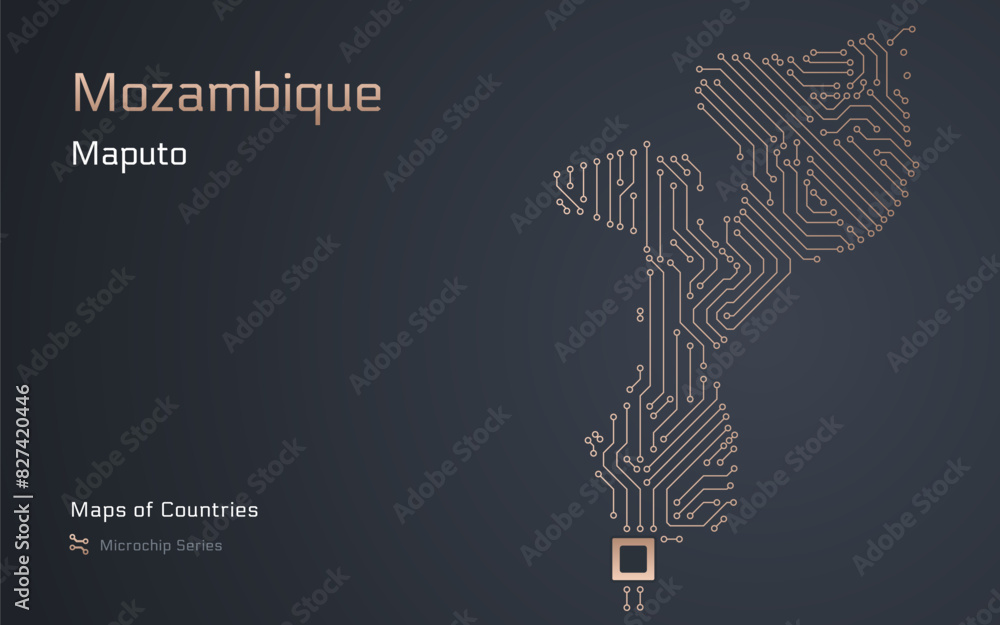 Mozambique Blue Map with a capital of Maputo Shown in a Microchip Pattern. E-government. World Countries vector maps. Microchip Series Mozambique Blue Map with a capital of Maputo Shown in a Microchip Pattern. E-government. World Countries vector maps. Microchip Series