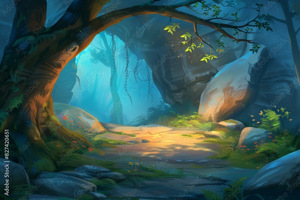 Obraz premium Illustration of A fantasy high-tech forest with glowing pathways, Generative AI. Beautiful simple AI generated image in 4K, unique.