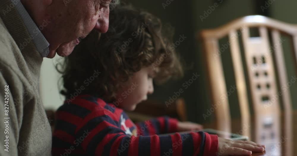 An elderly man and a young boy are engaging with a digital tablet together, sharing a moment of bonding and learning. An elderly man and a young boy are engaging with a digital tablet together, sharing a moment of bonding and learning.