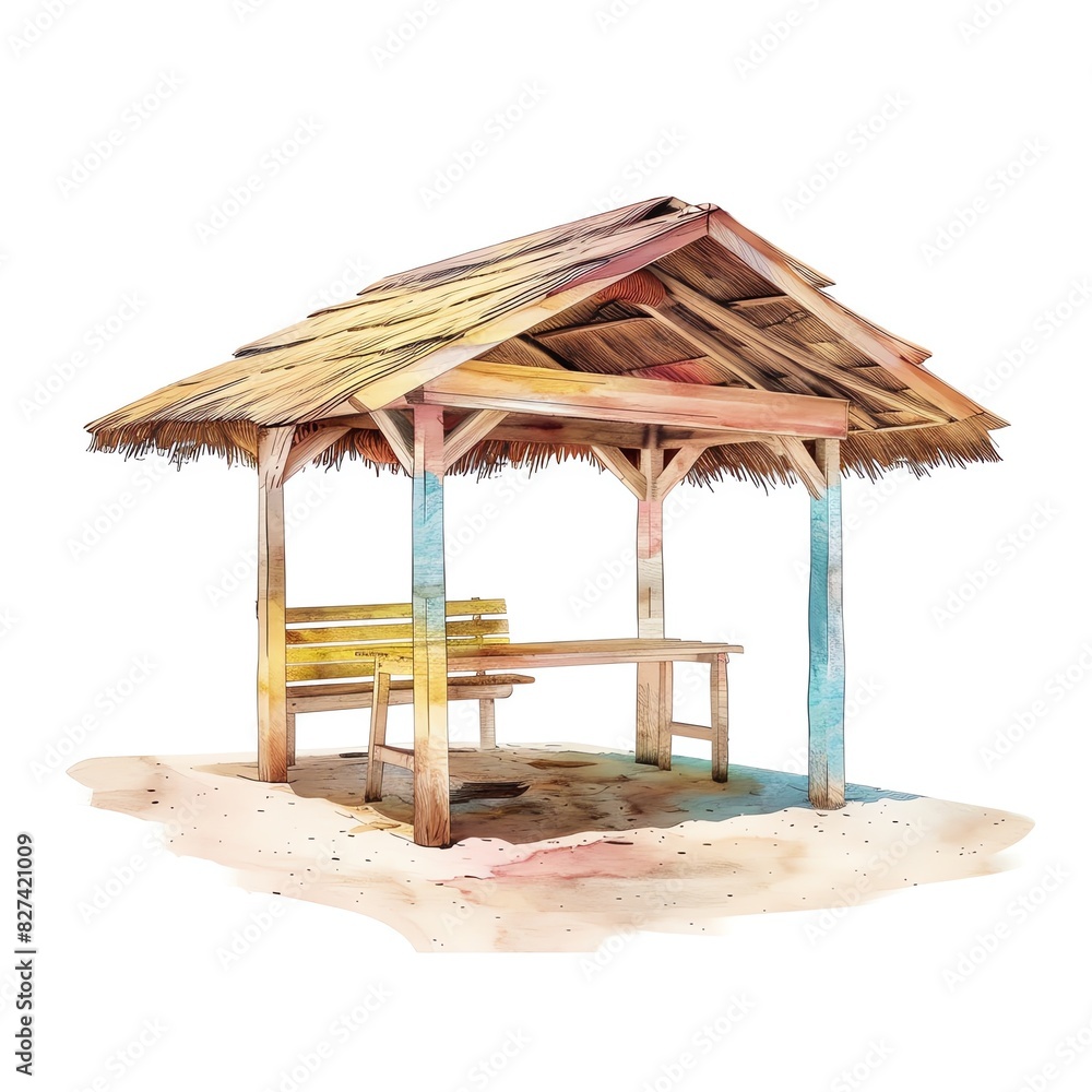 A watercolor painting of a tiki hut on a sandy beach. The hut has a thatched roof and a wooden floor. There is a bench and a table inside the hut. A watercolor painting of a tiki hut on a sandy beach. The hut has a thatched roof and a wooden floor. There is a bench and a table inside the hut.