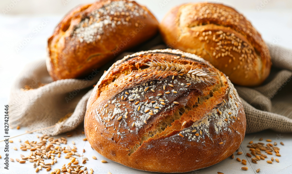 Artisan Whole Wheat Bread Loaves with Sesame Seeds and Wheat Sprigs on Rustic Linen Isolated on White Background Artisan Whole Wheat Bread Loaves with Sesame Seeds and Wheat Sprigs on Rustic Linen Isolated on White Background